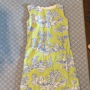 Chic Sleeveless Green and Blue Toile Print Dress Steven Stolman Dress EUC Sz 6-8